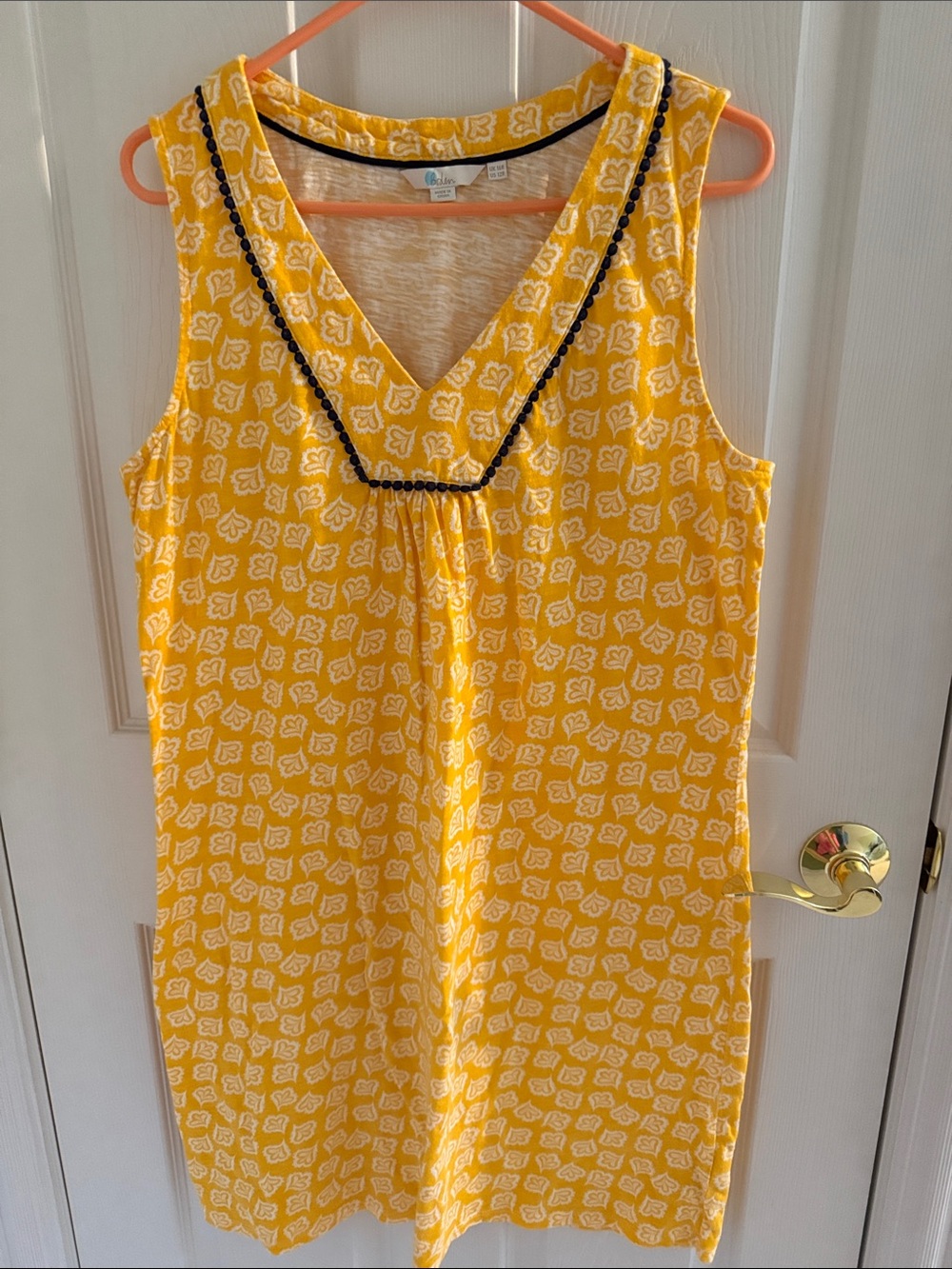 Boden Yellow Sleeveless V-Neck Shift Dress w/White Floral Print, Navy Trim,US12R